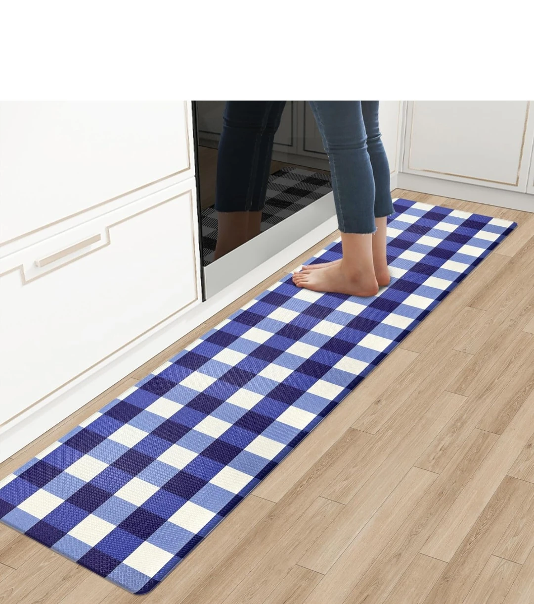 Navy Blue and White Buffalo Plaid Kitchen Mat