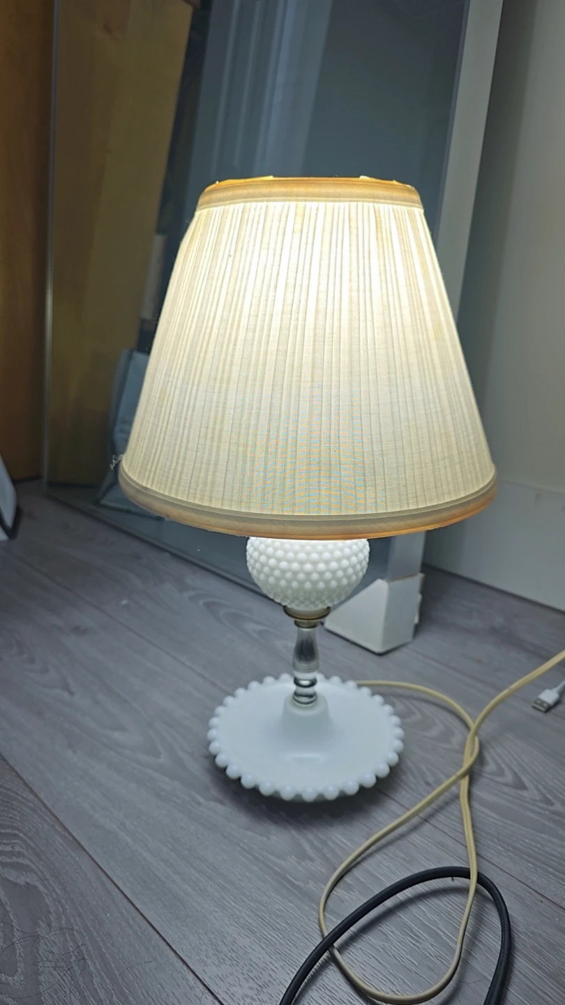 White Hobnail Milk Glass Table Lamp with Pleated Shade