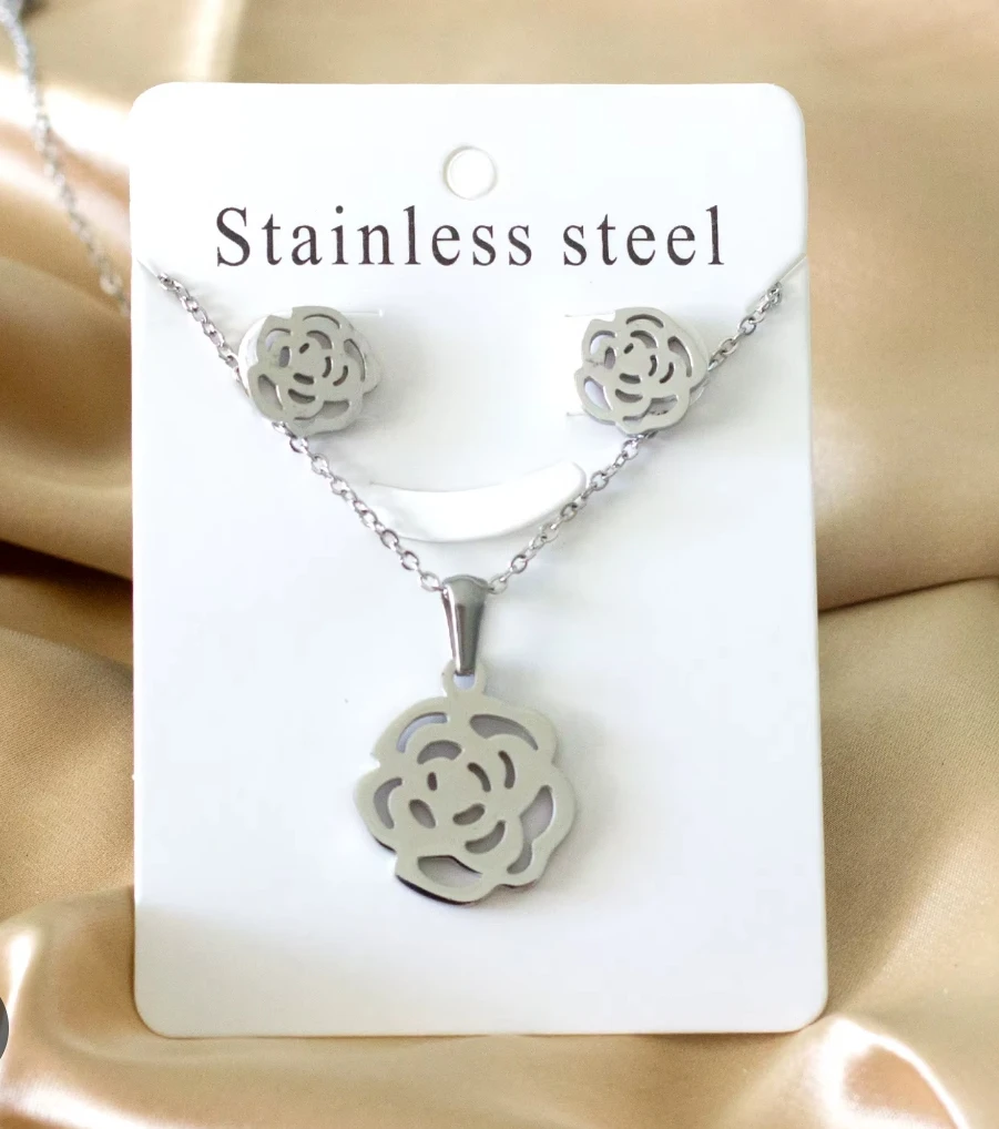 Stainless Steel Rose Necklace and Earring Set