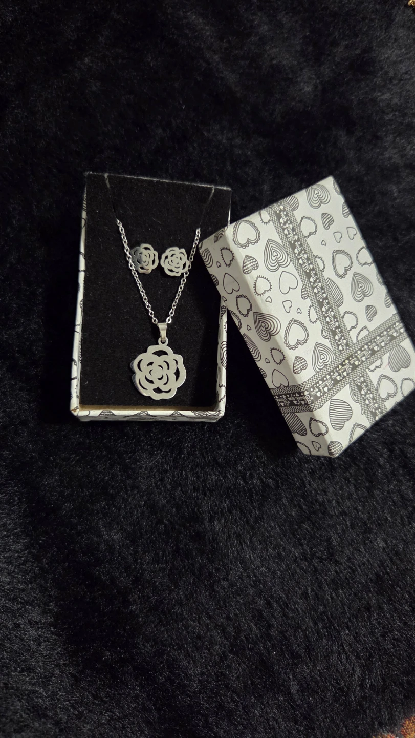 Stainless Steel Rose Necklace and Earring Set - photo 2