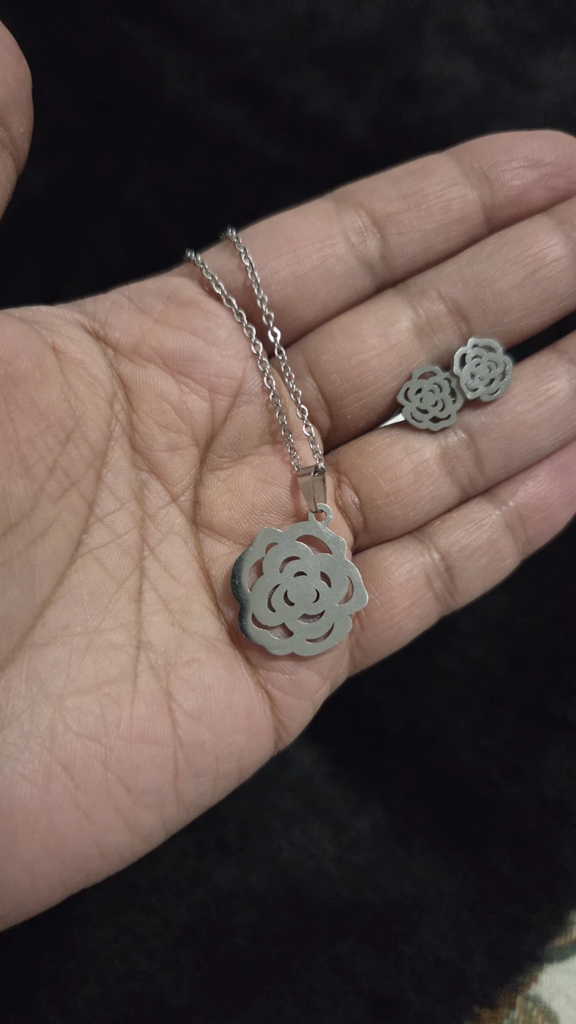 Stainless Steel Rose Necklace and Earring Set - photo 4