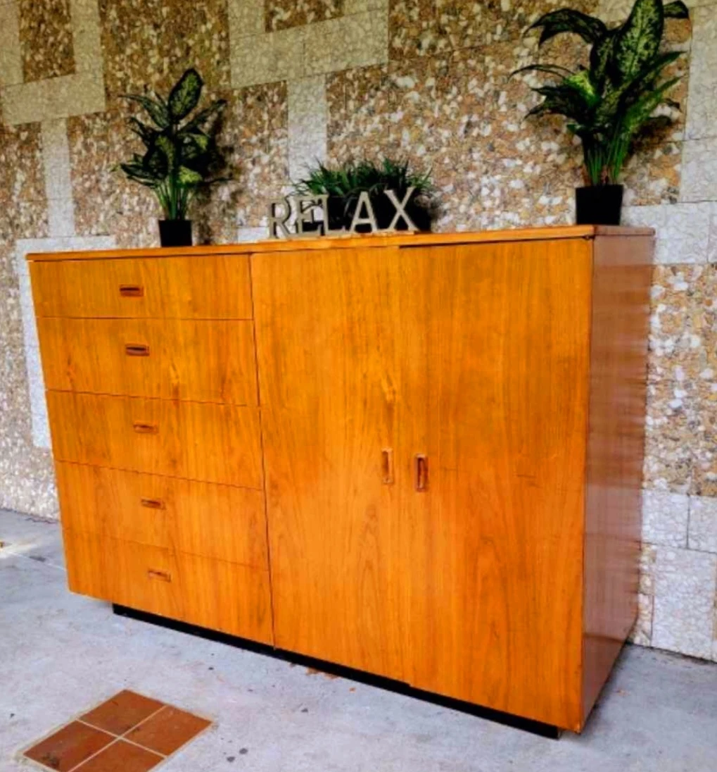 MCM Teak Large 5 Drawer Dresser With Cupboard Storage