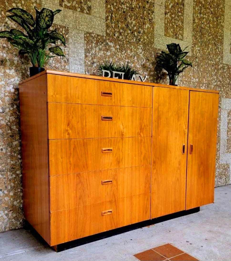 MCM Teak Large 5 Drawer Dresser With Cupboard Storage - photo 2