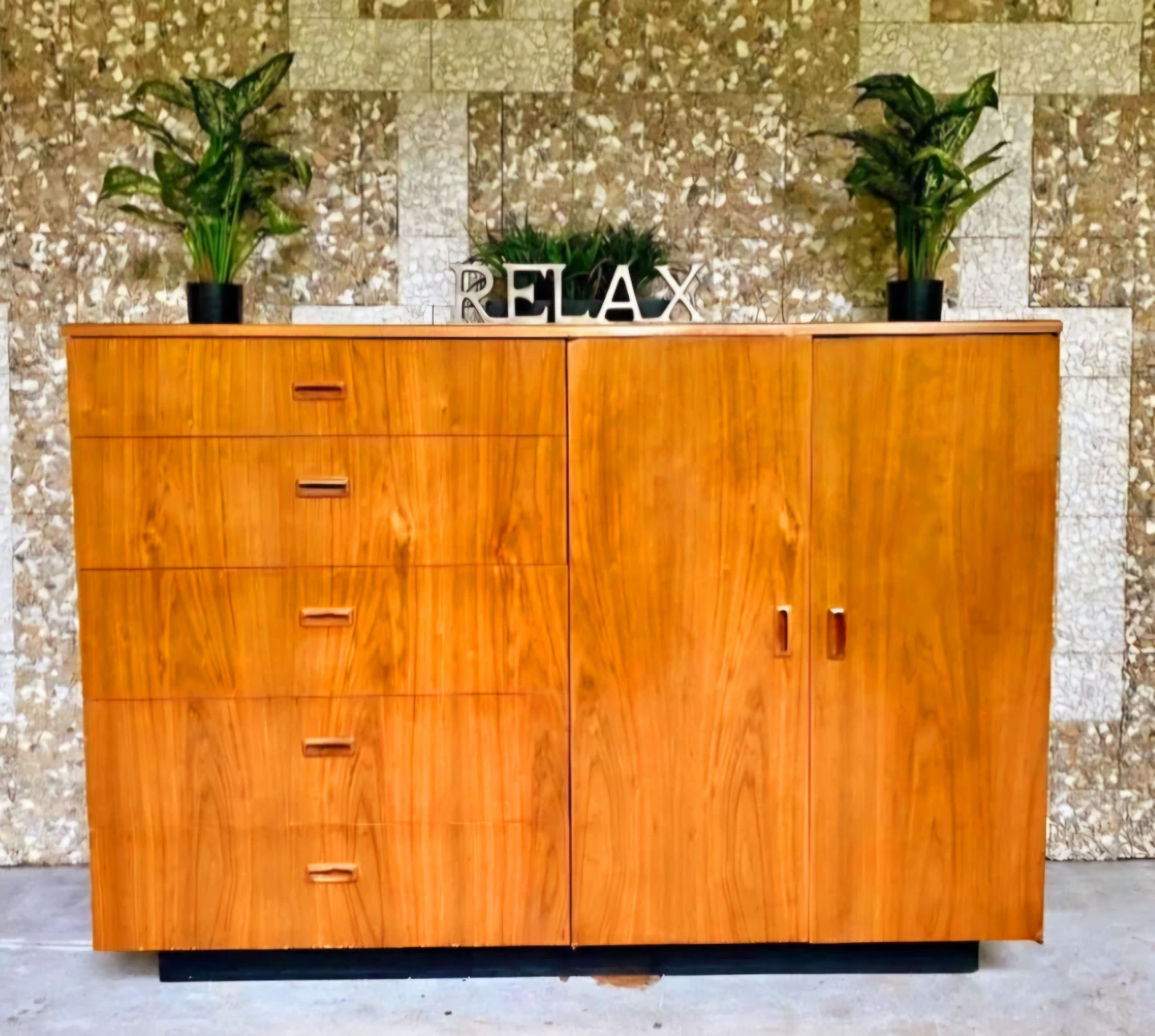 MCM Teak Large 5 Drawer Dresser With Cupboard Storage - photo 3