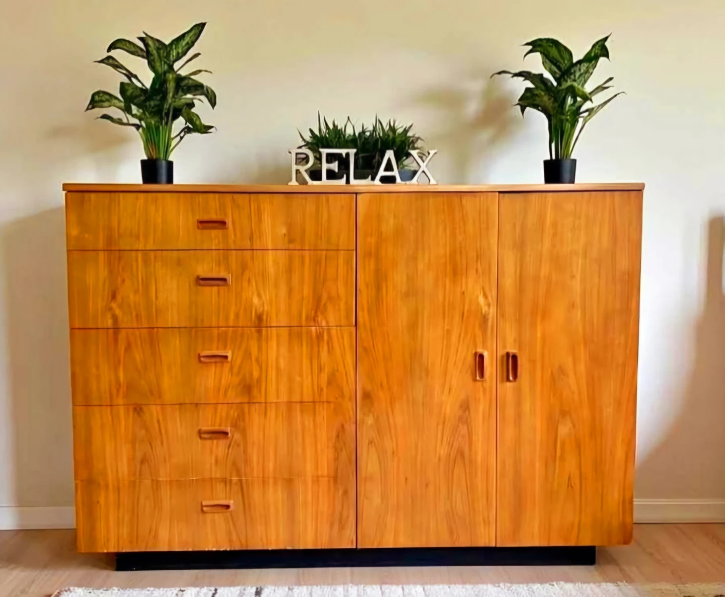MCM Teak Large 5 Drawer Dresser With Cupboard Storage - photo 5