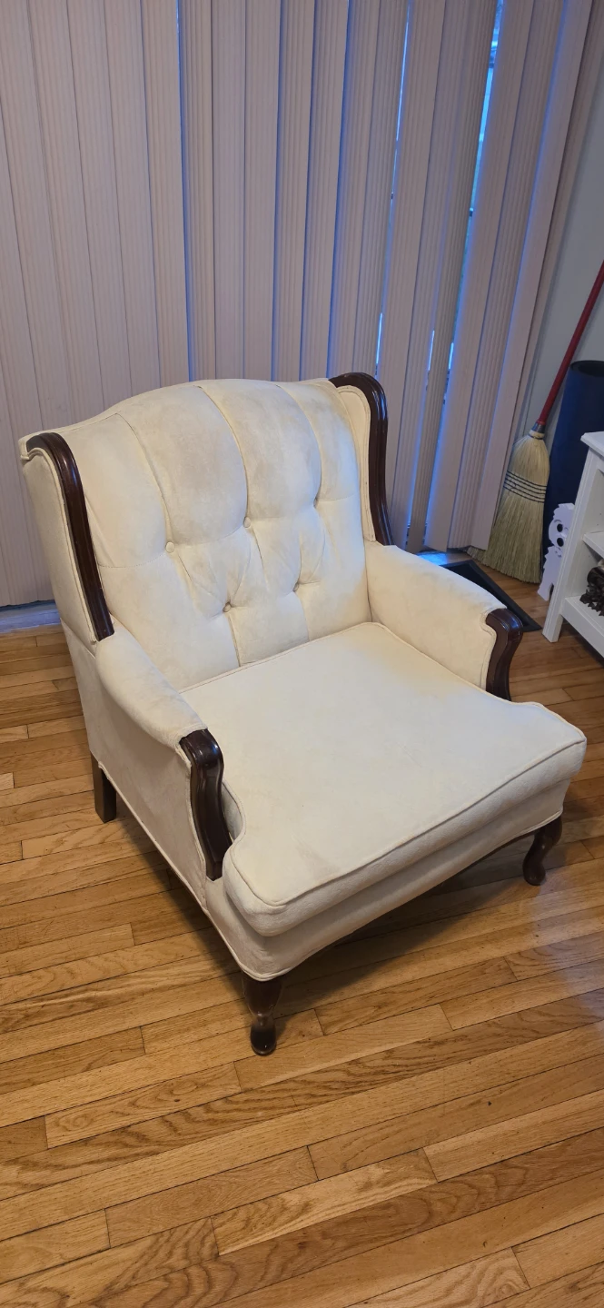 Cream Upholstered Accent Chair with Dark Wood Trim - 1960s-70s