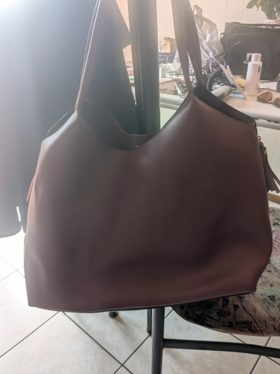 Deep Red Faux Leather Tote Bag with Tassel Detail