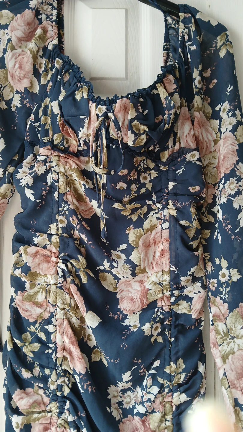 Navy Floral Ruched Long Sleeve Mini Dress - photo 2