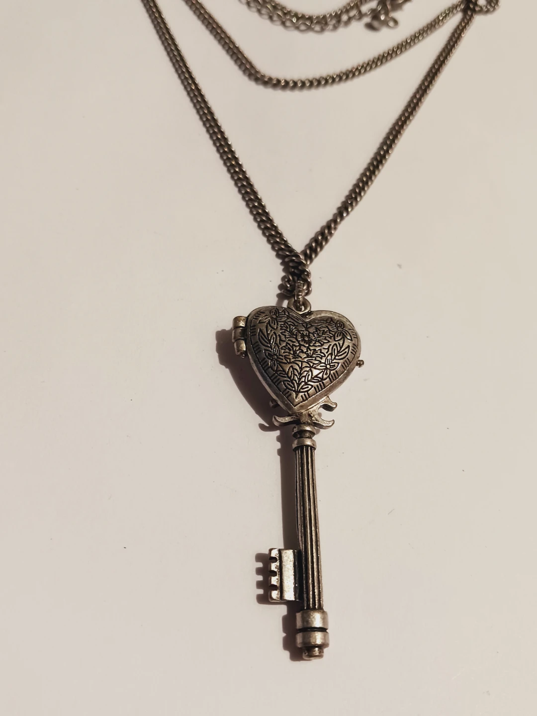 Silver Tone Heart Locket Key Pendant Necklace