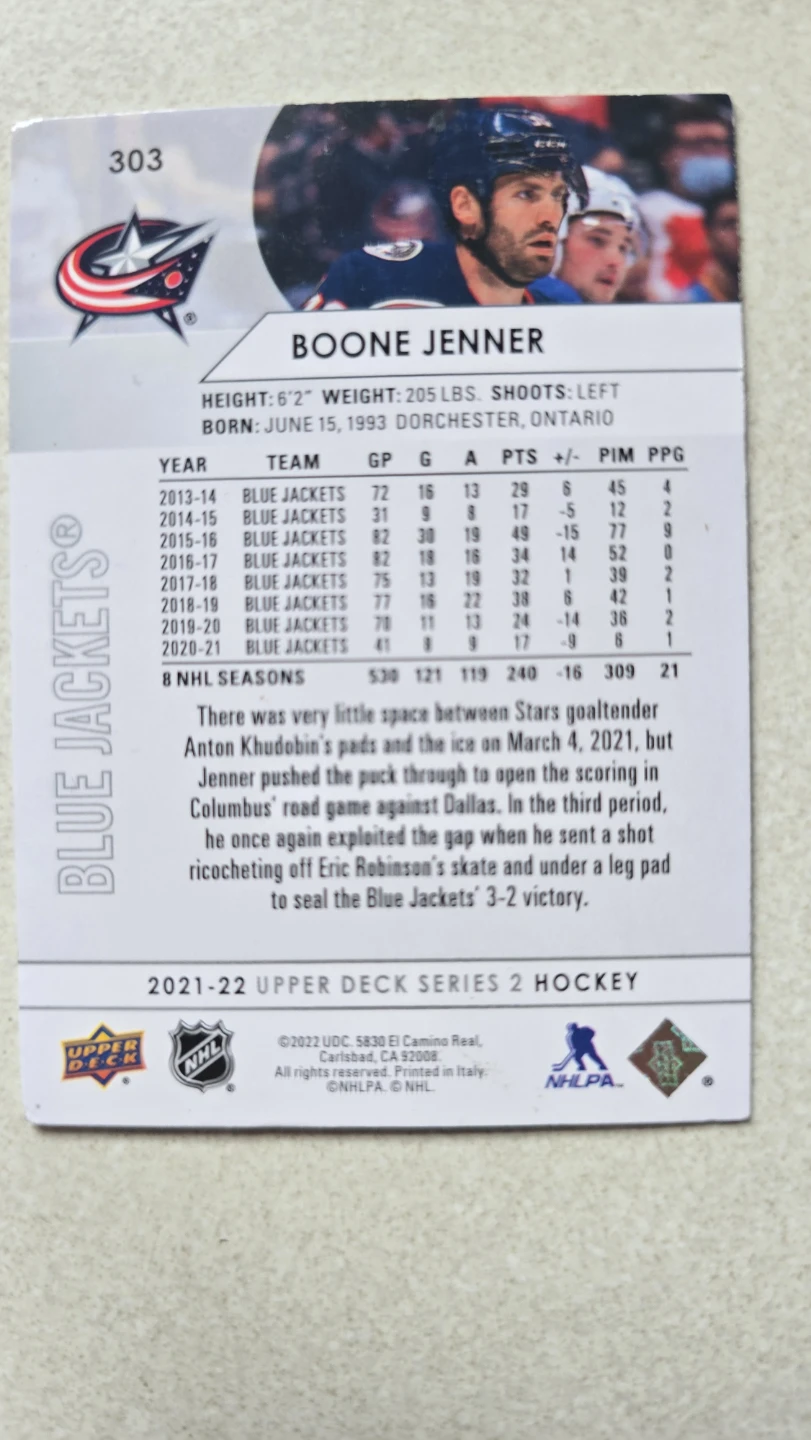 Boone Jenner 2021-22 Upper Deck Series 2 Hockey Card