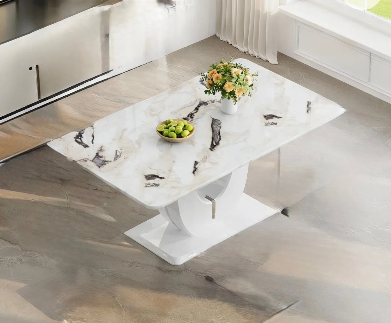 Dining Table - White Marble Top with White Pedestal Base