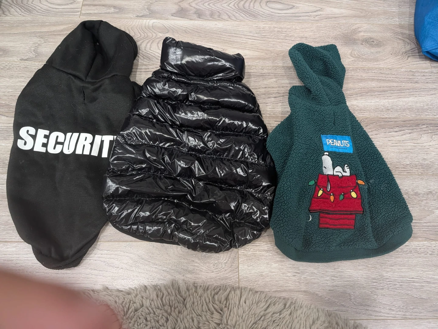 Bundle of 3 Dog Jackets: Security Hoodie, Puffer, Peanuts Snoopy
