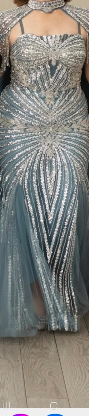 Sequin Embellished Blue Formal Gown with Capelet