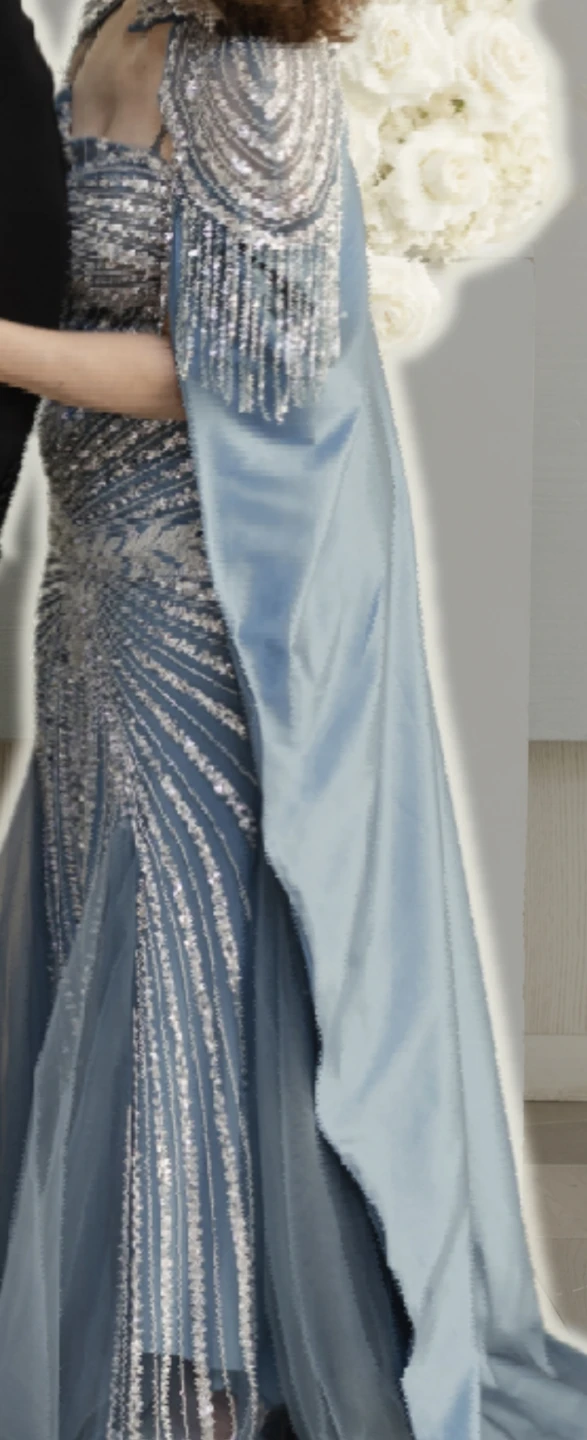 Sequin Embellished Blue Formal Gown with Capelet - photo 2