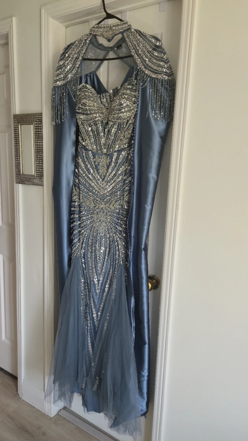 Sequin Embellished Blue Formal Gown with Capelet - photo 4