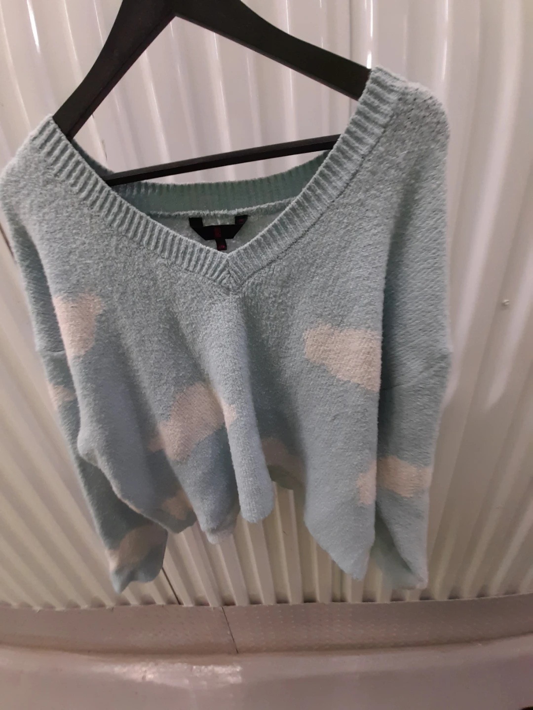 Light Blue Cloud Print Fuzzy Sweater XL