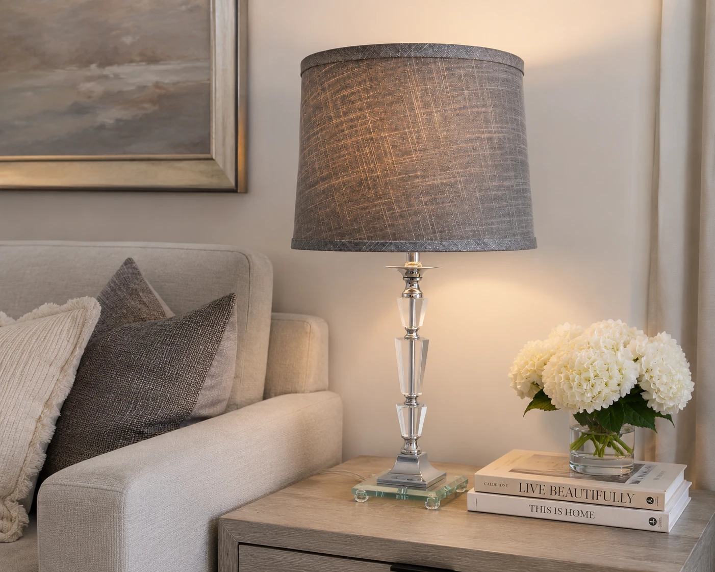 Crystal and Chrome Table Lamp with Grey Shade