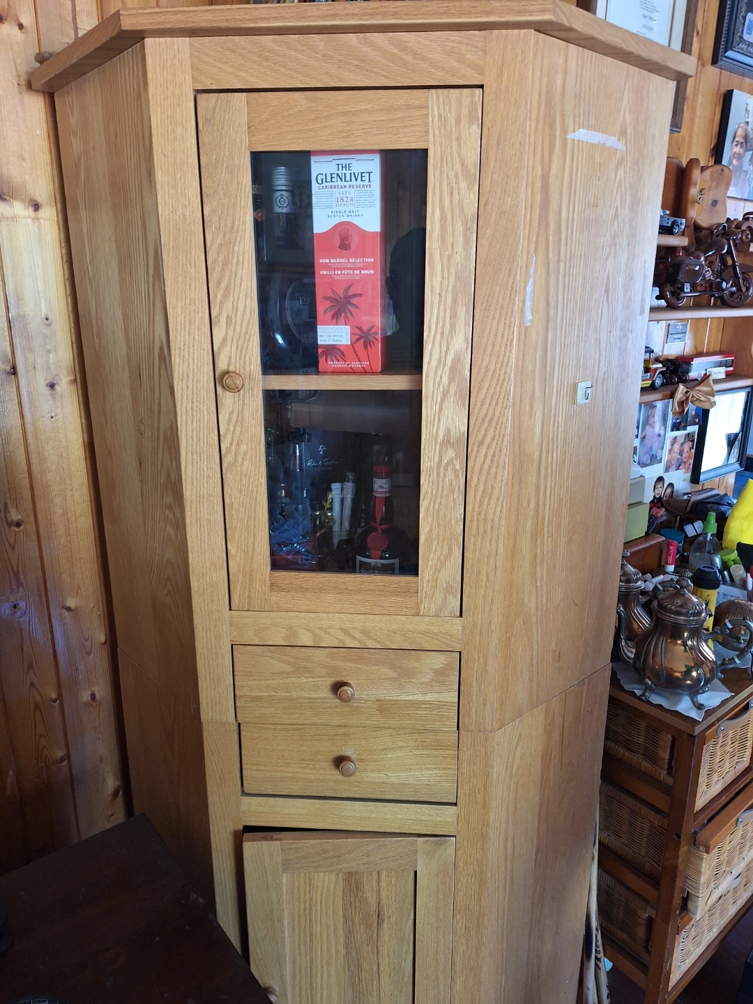 Solid wood Corner Cabinet with Glass Door and Drawers