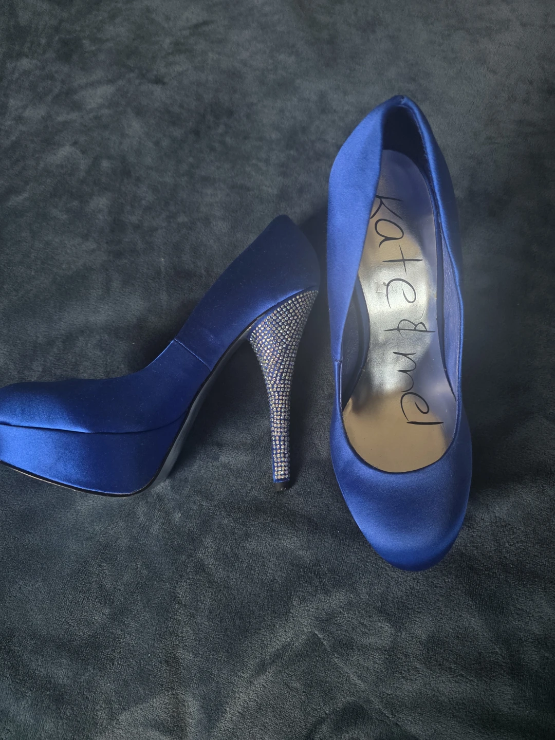 Blue Satin Platform Heels with Embellished Stiletto Heel - photo 2
