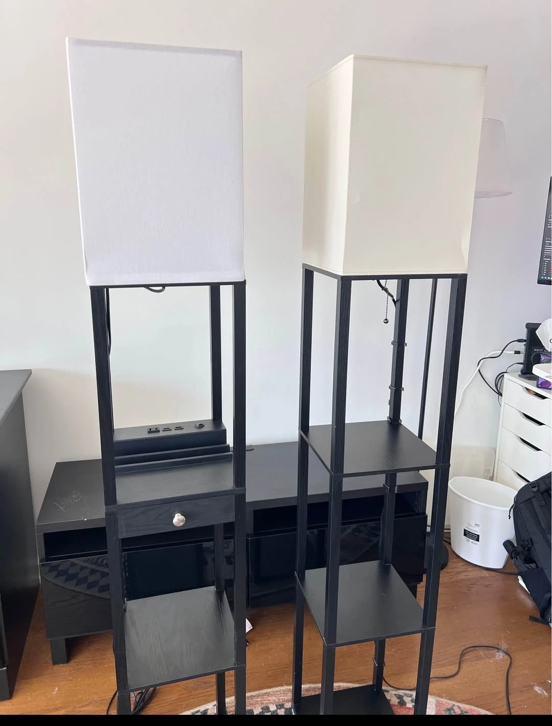 Set of 2 Black Floor Lamp with Shelves and USB Ports