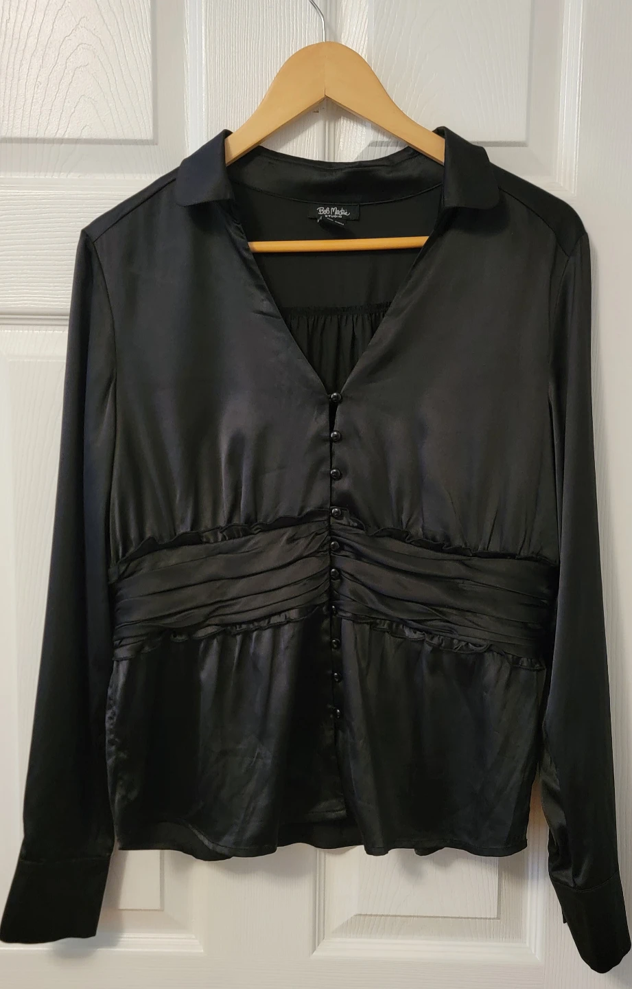 Vintage Bob Mackie Studio Black Ruched Button-Up Blouse Size 10 - photo 4