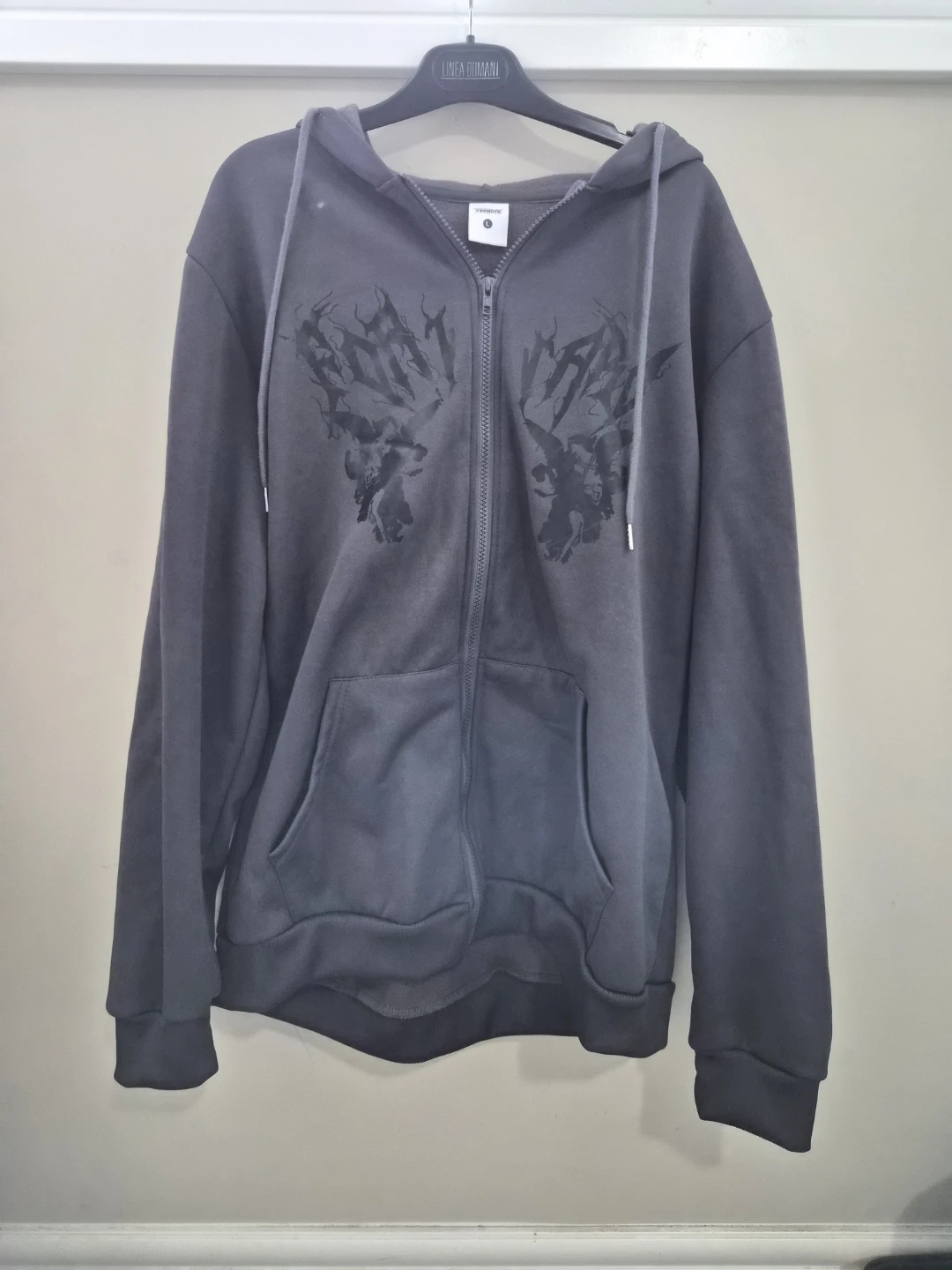 Grey Zip-Up Hoodie with Graphic Print