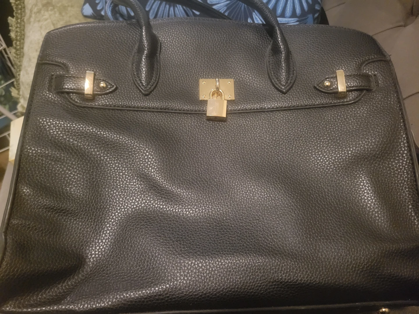 Black Faux Leather Satchel Handbag with Lock