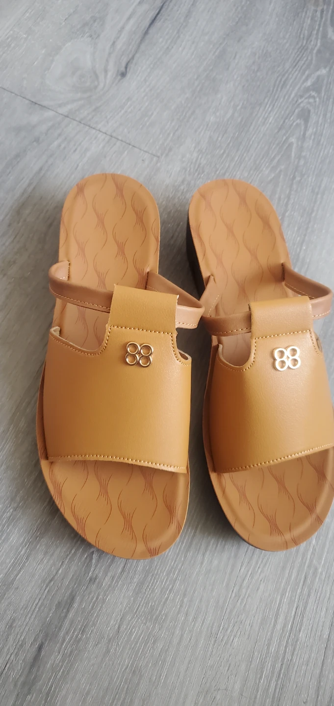 Women's Tan Slip-On Sandals with Gold Accents