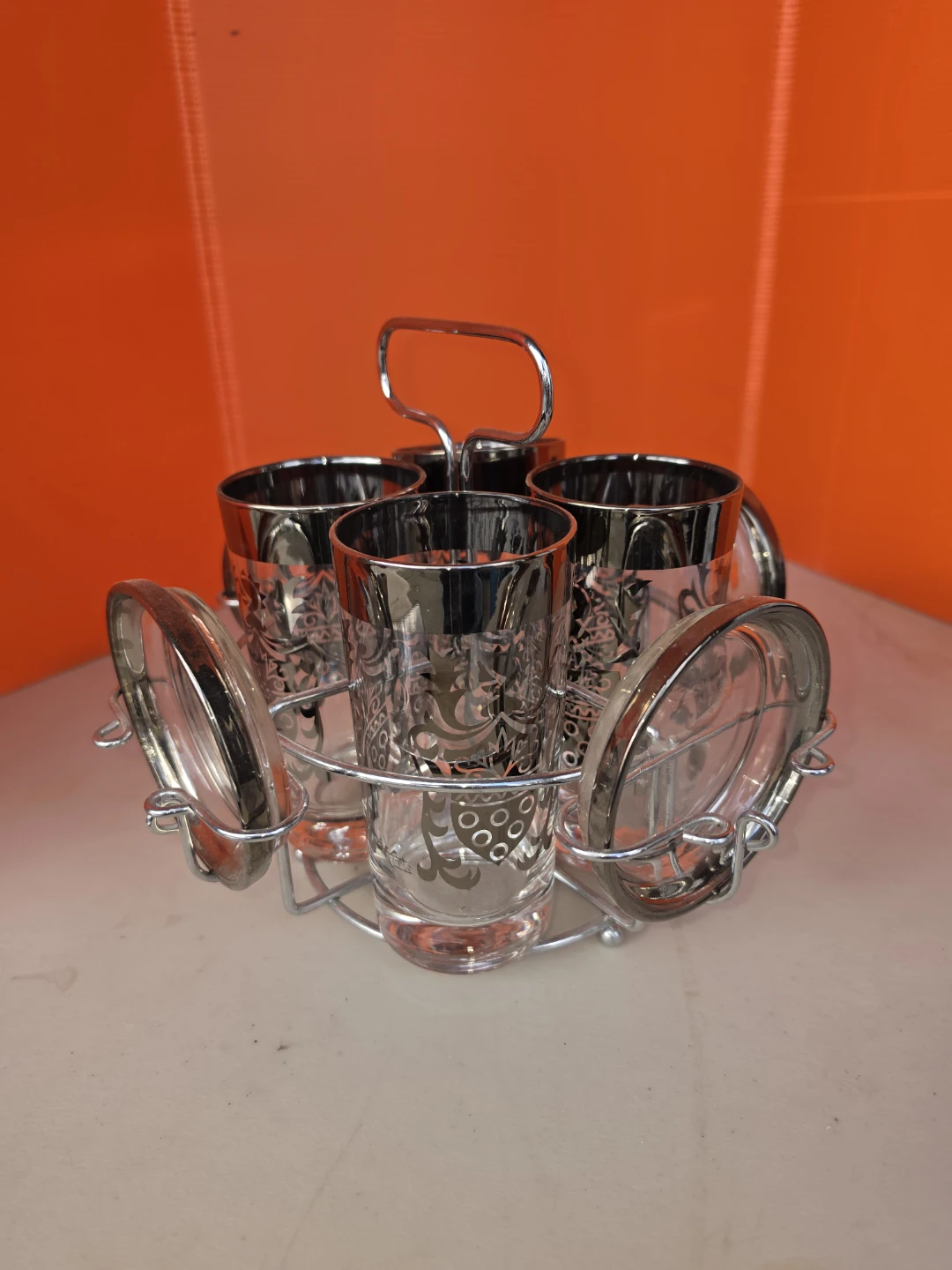 Set of 4 Vintage Etched Glass Tumblers with Caddy - photo 2