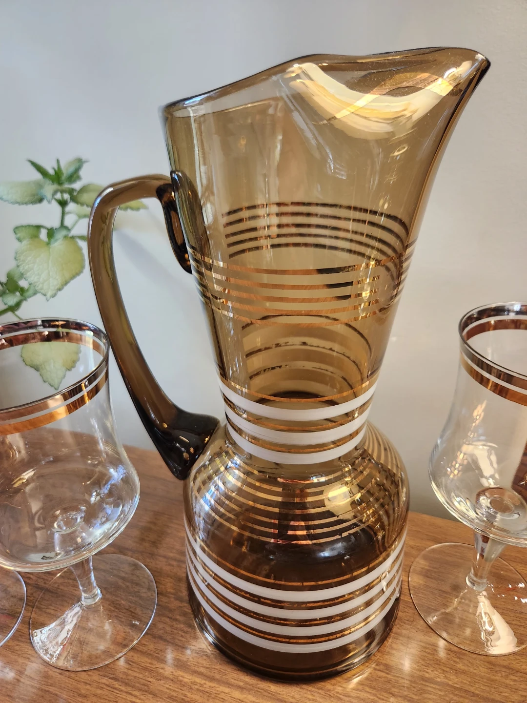 MID CENTURY  Bohemian  Glass Pitcher and 4 Stemmed Glasses Set - photo 2