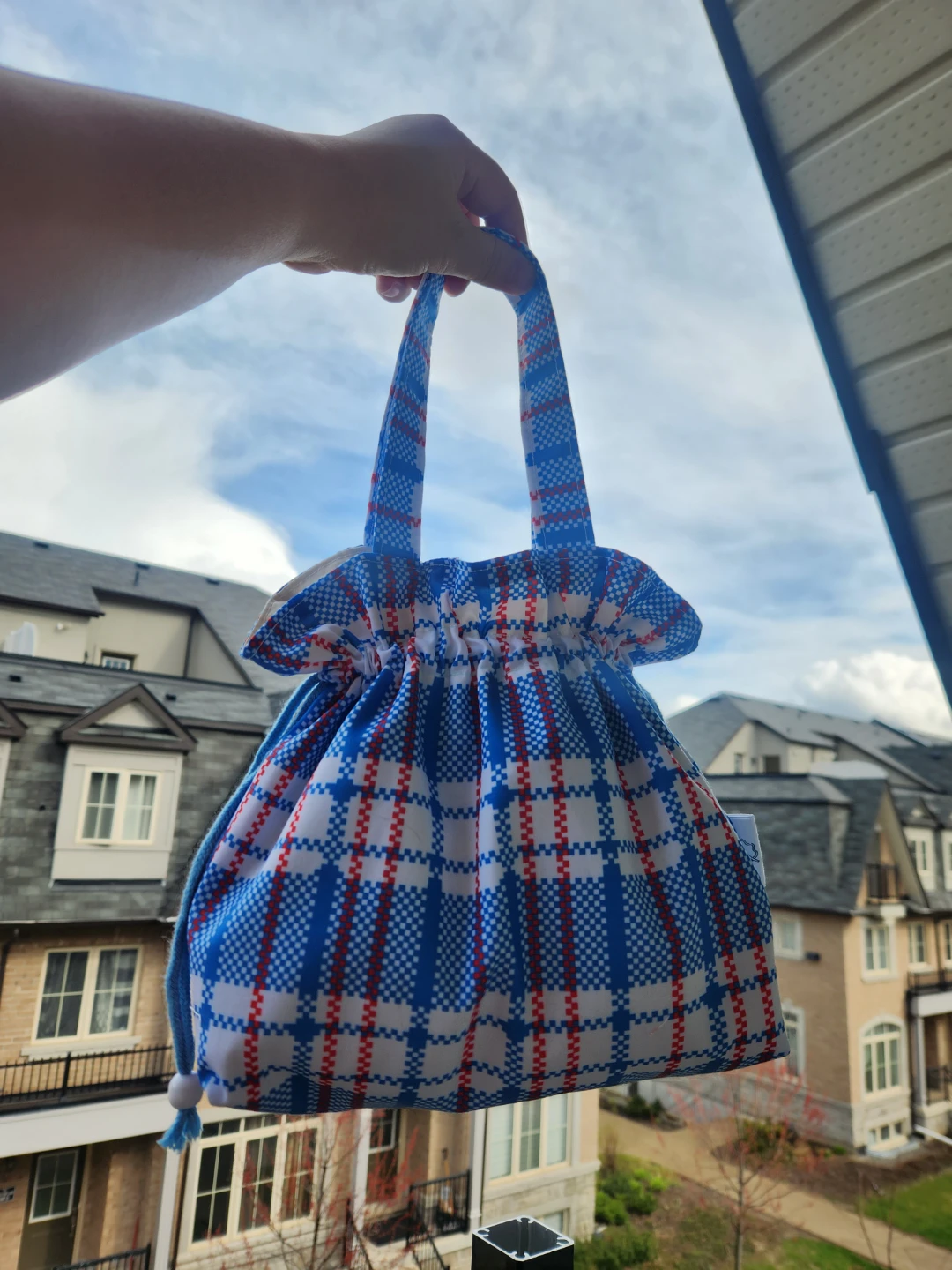 Hand Made Blue and White Plaid Drawstring Bag with Handles