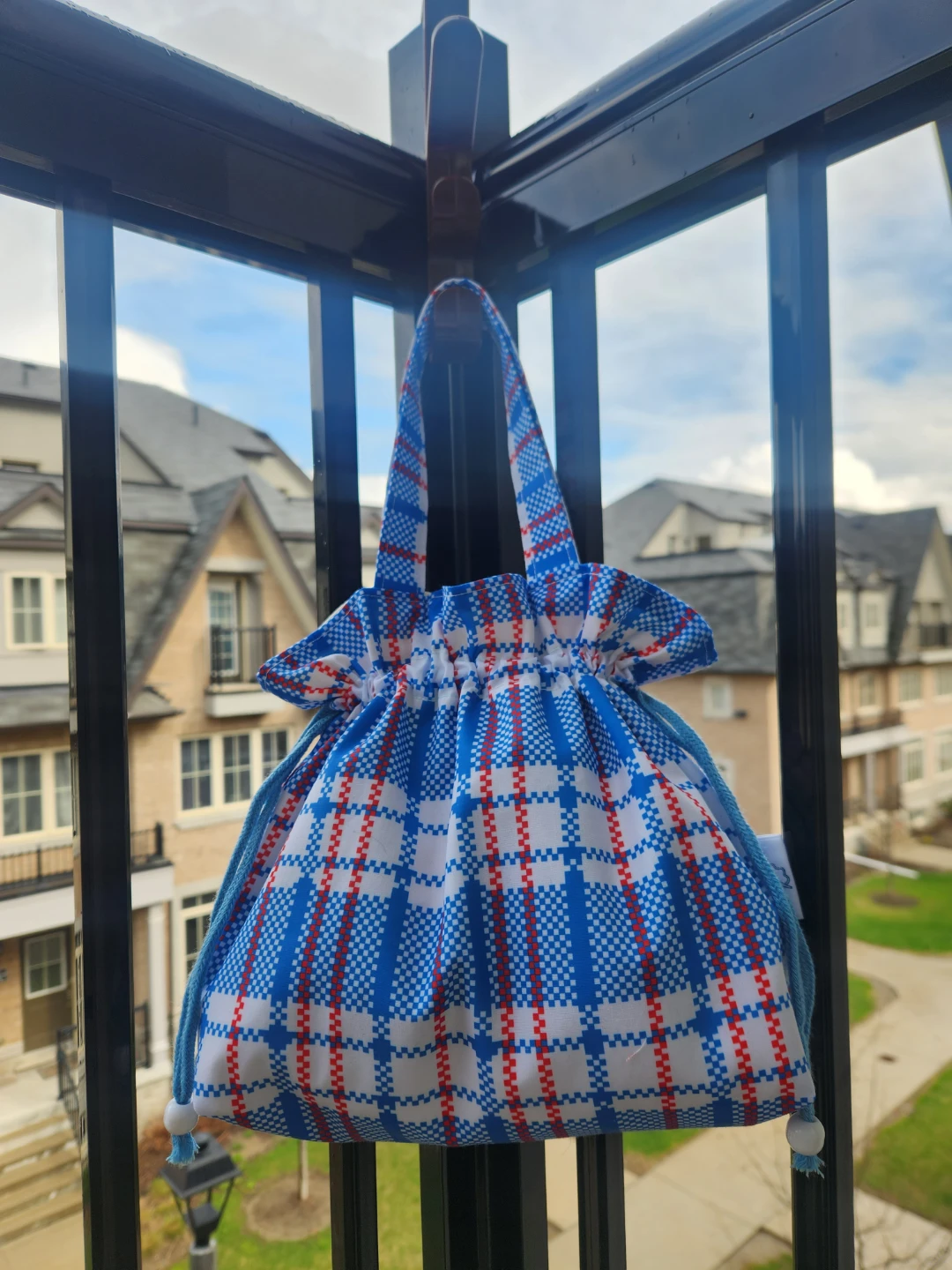 Hand Made Blue and White Plaid Drawstring Bag with Handles - photo 2