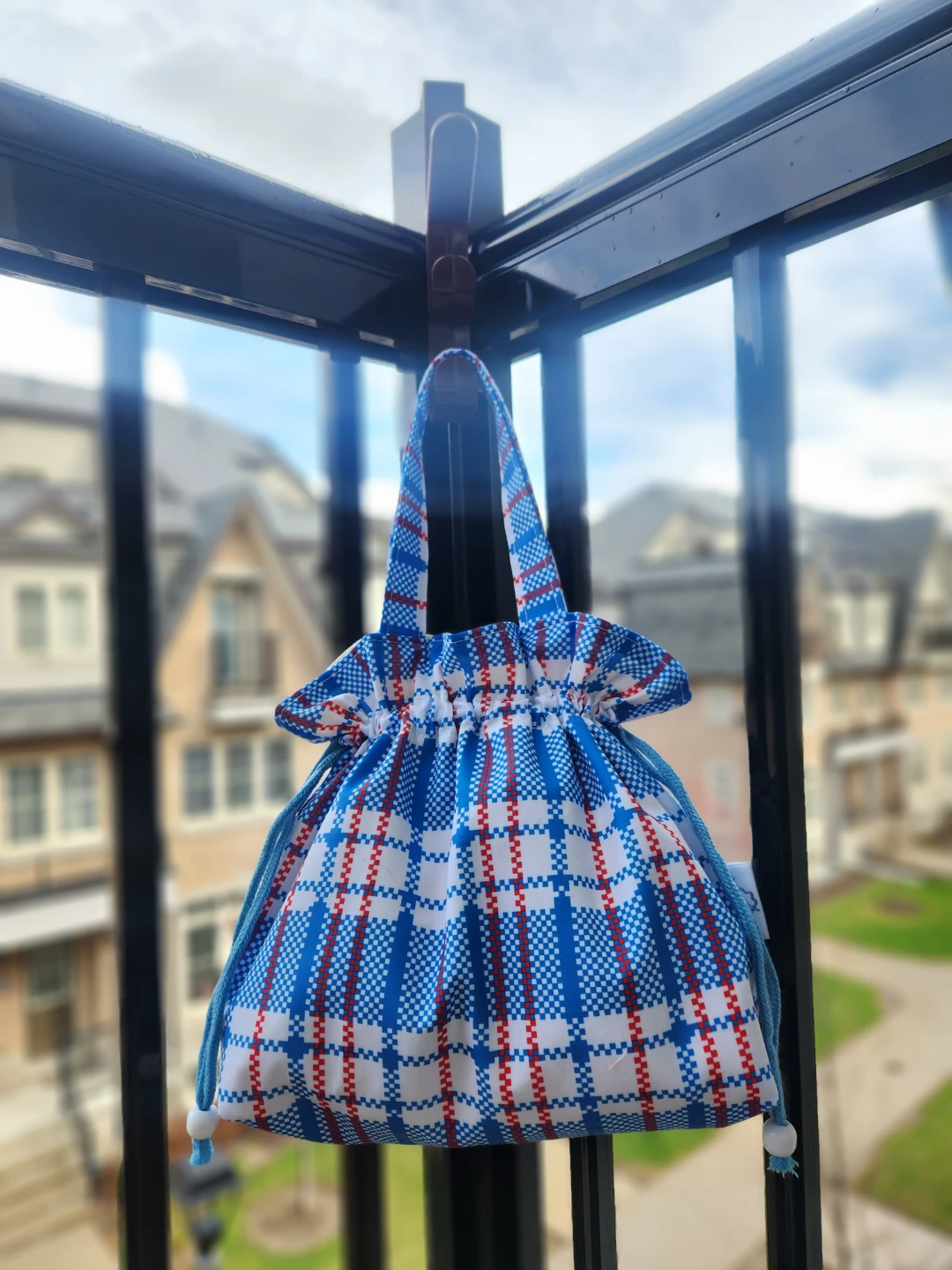 Hand Made Blue and White Plaid Drawstring Bag with Handles - photo 3