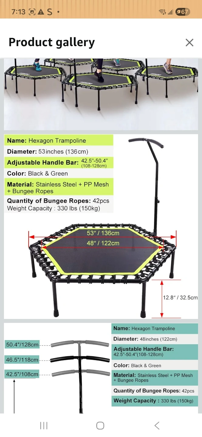 ONETWOFIT 48" Hexagon Trampoline with Adjustable Handle Bar - photo 3