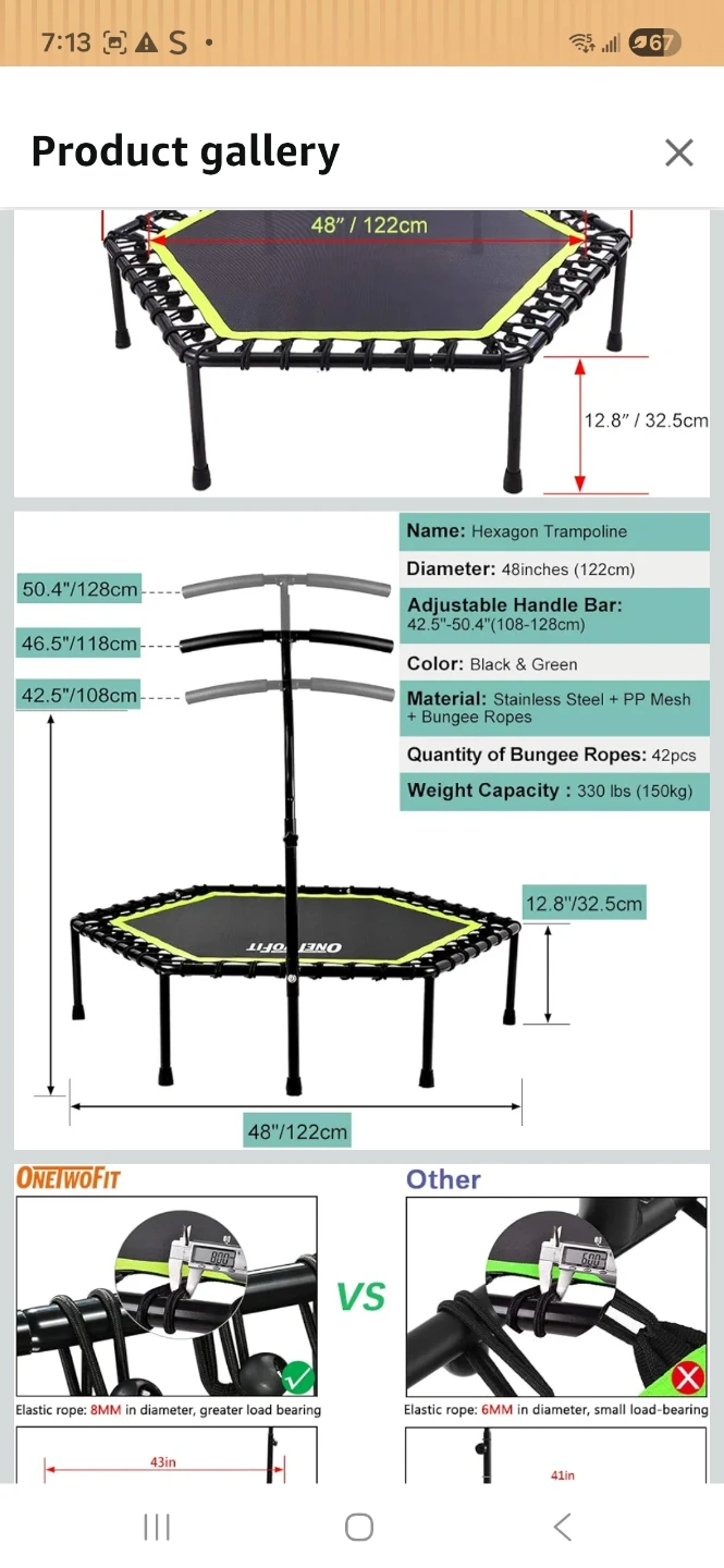 ONETWOFIT 48" Hexagon Trampoline with Adjustable Handle Bar - photo 4
