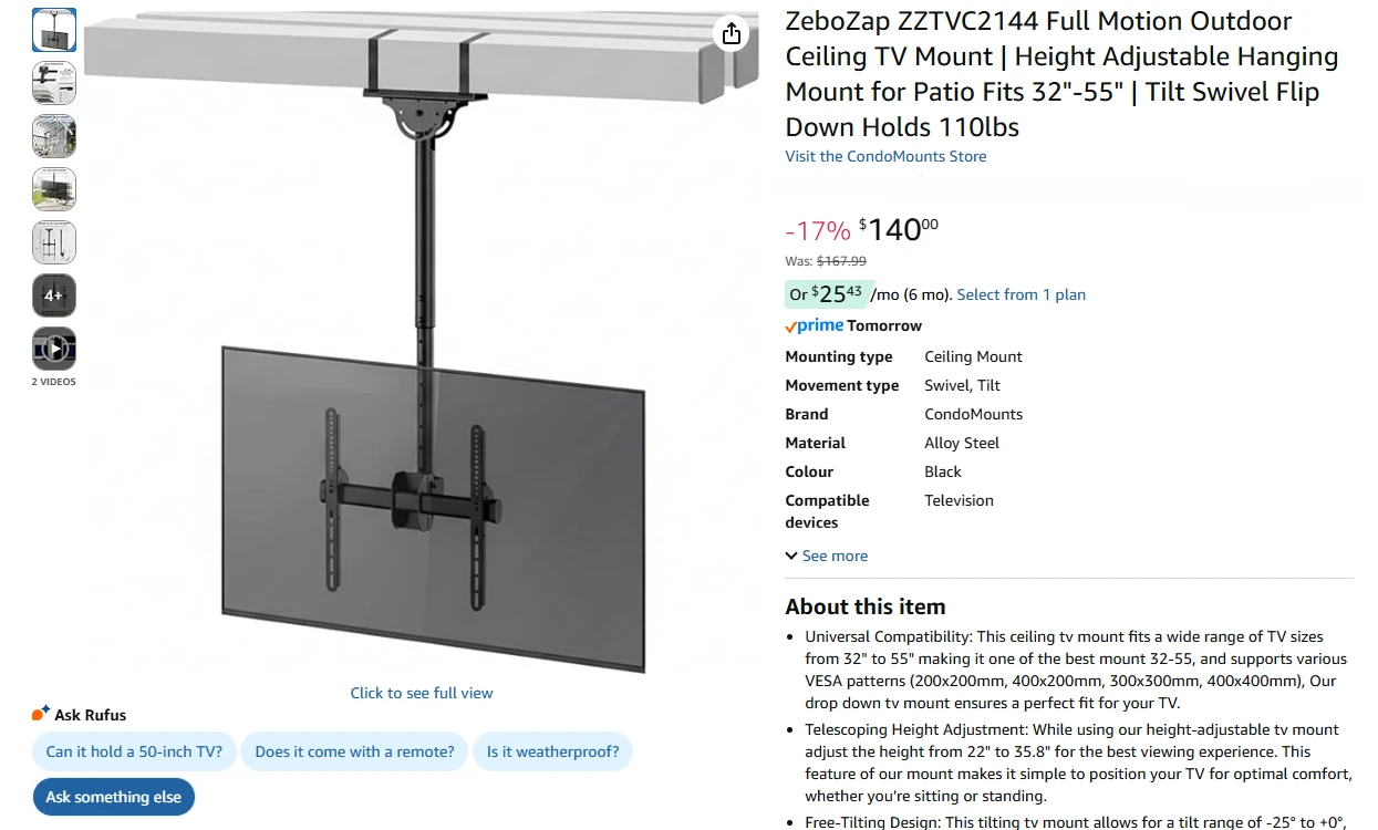 Full Motion Outdoor Ceiling TV Mount - photo 2