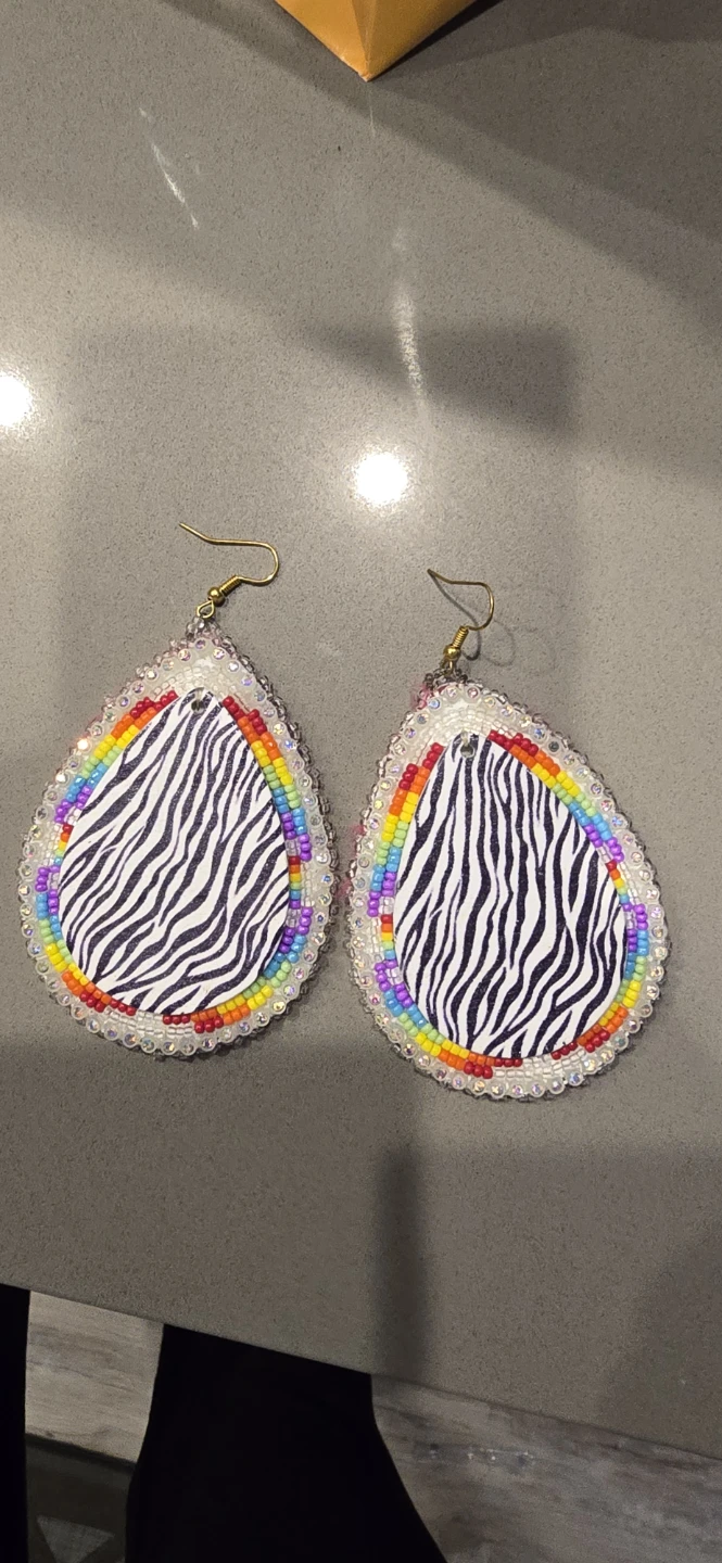 Teardrop Zebra Print Earrings with Rainbow Beading