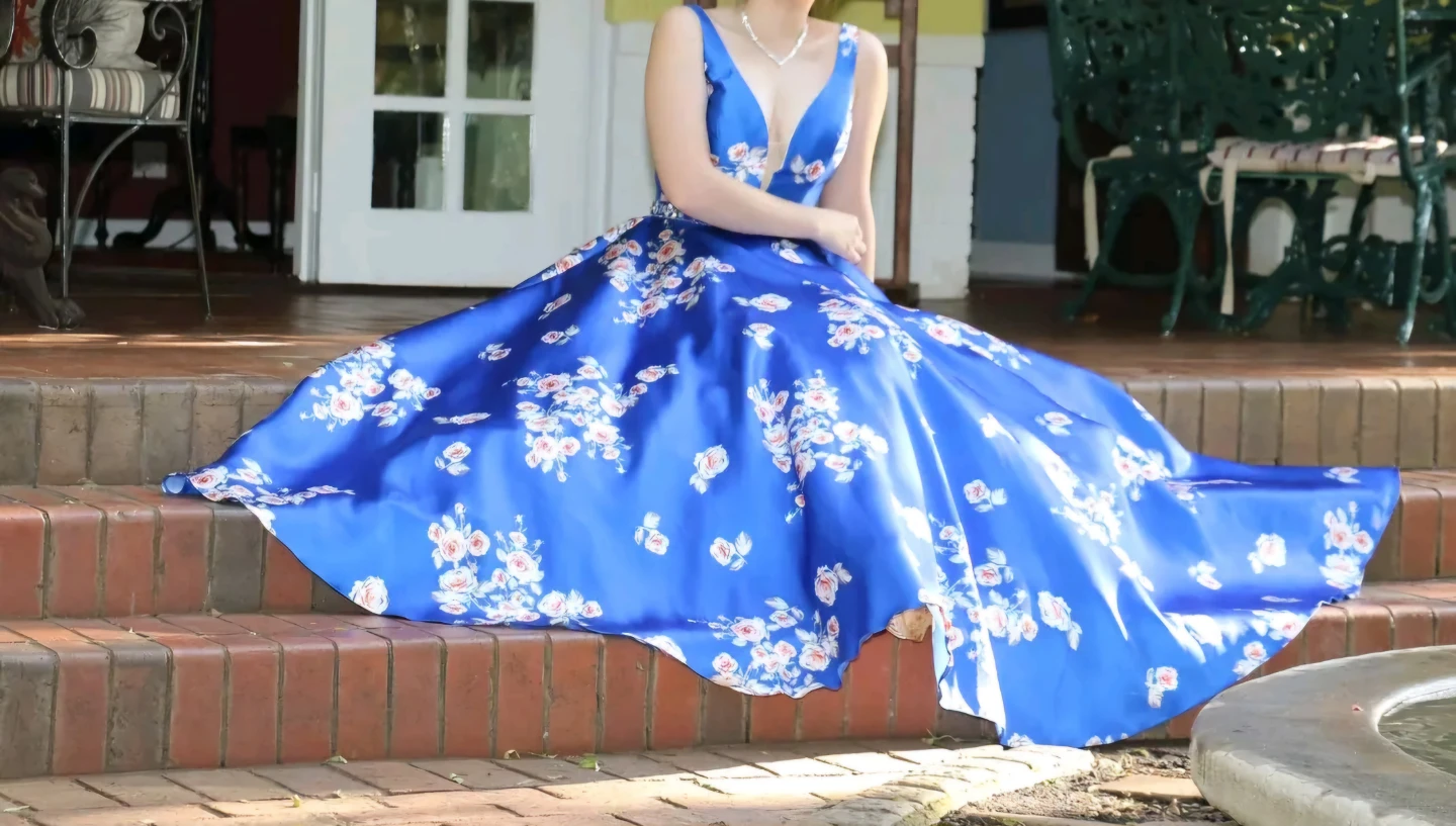 Blue Floral Print Formal Gown