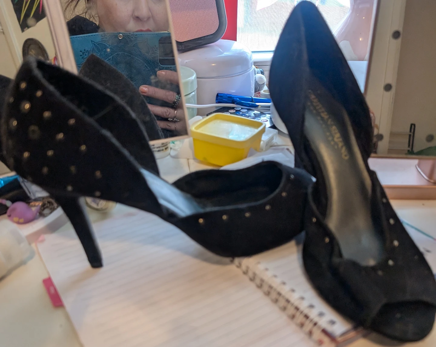 Christian Siriano Black Suede Studded Peep-Toe Heels - photo 2
