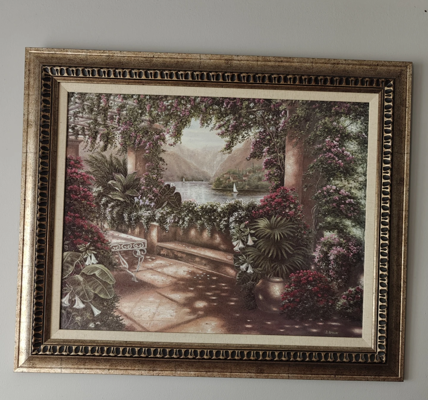 Framed Landscape Painting with Lake and Mountains - photo 2