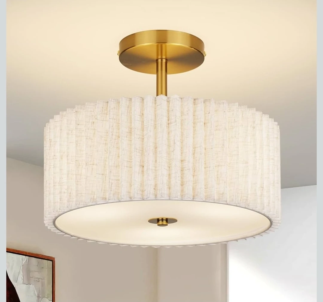 Beige Pleated Shade 3-Light Flush Mount Ceiling Light