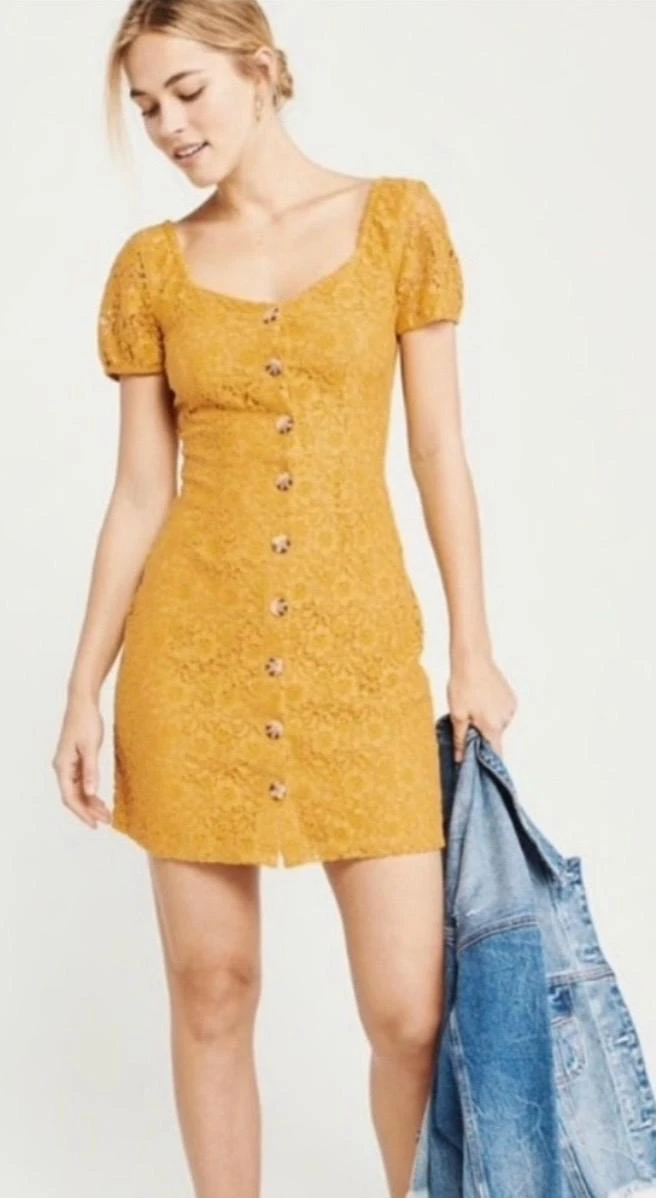 A&F Yellow Lace Button-Front mini Dress