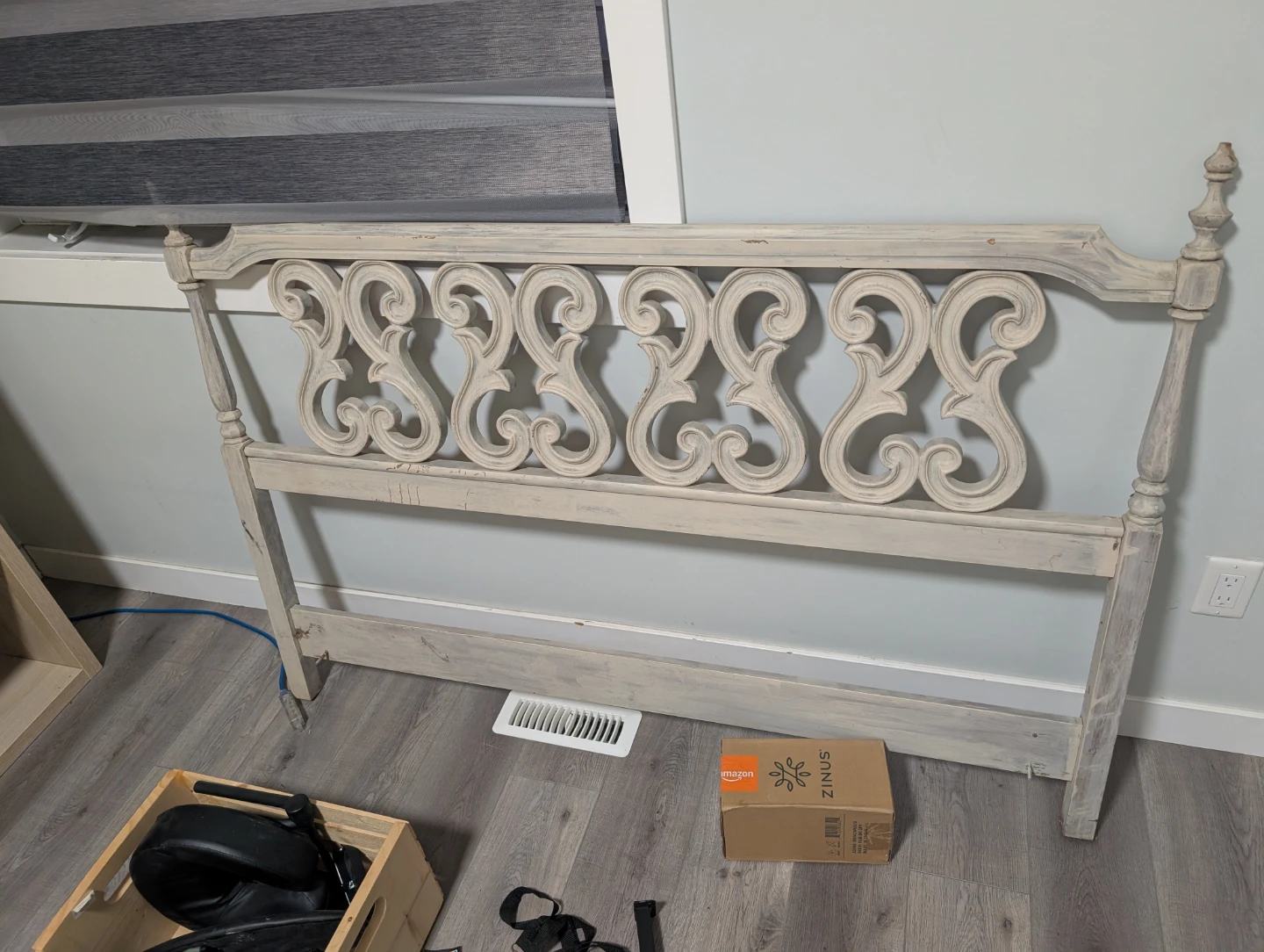 Vintage Ornate Headboard Double White Distressed Wood