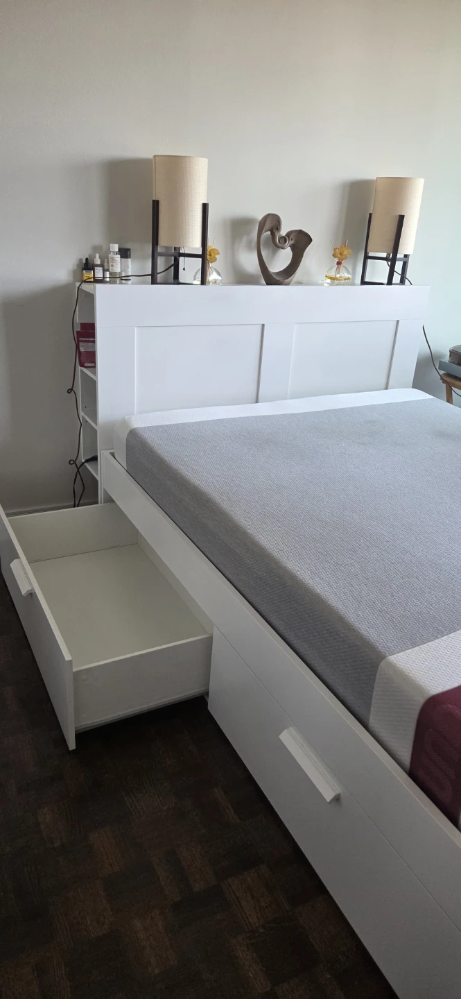 Queen size bed BRIMNES with storage & headboard, white