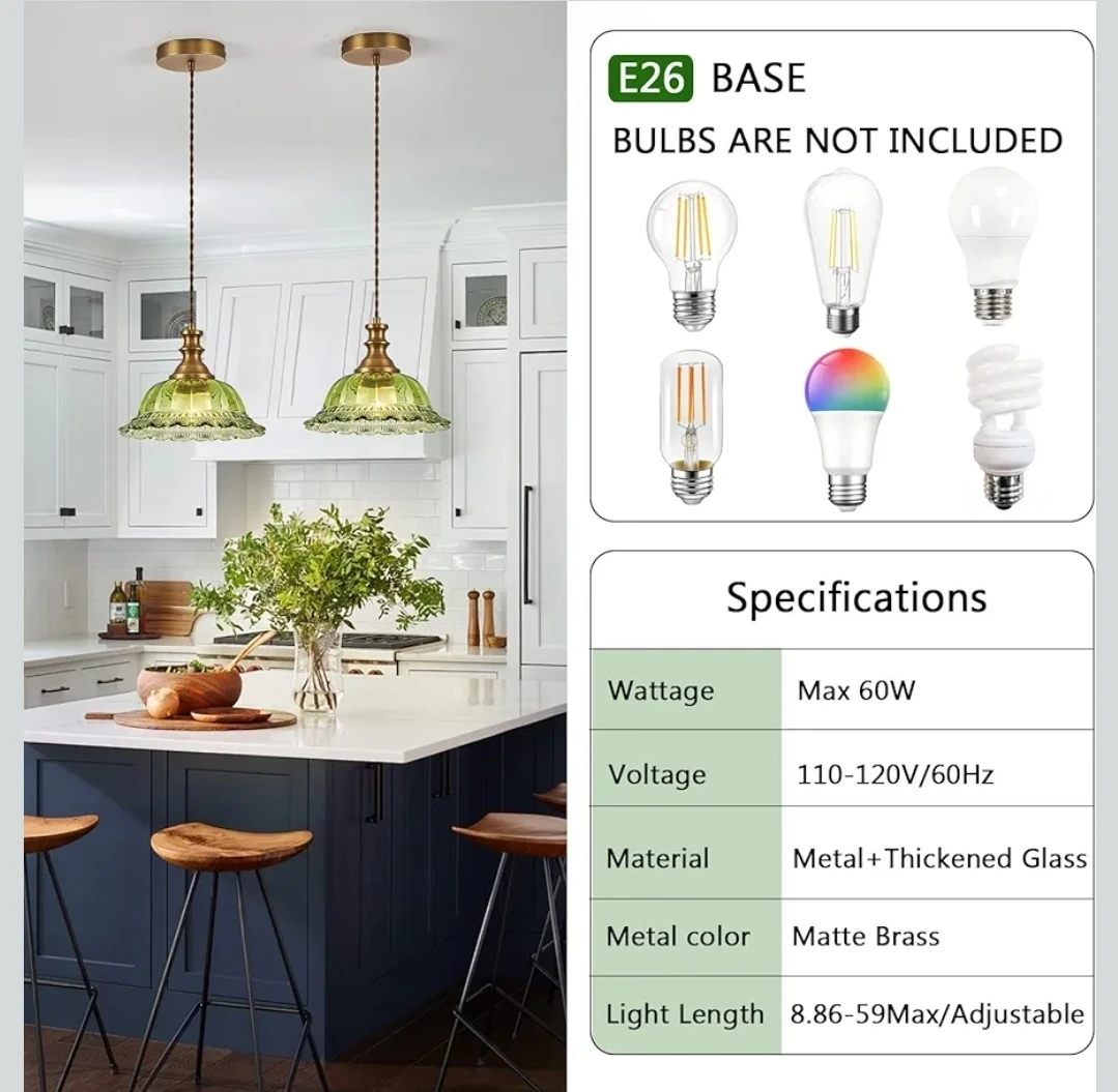 Glass Pendant Light - Green and Brass - photo 4