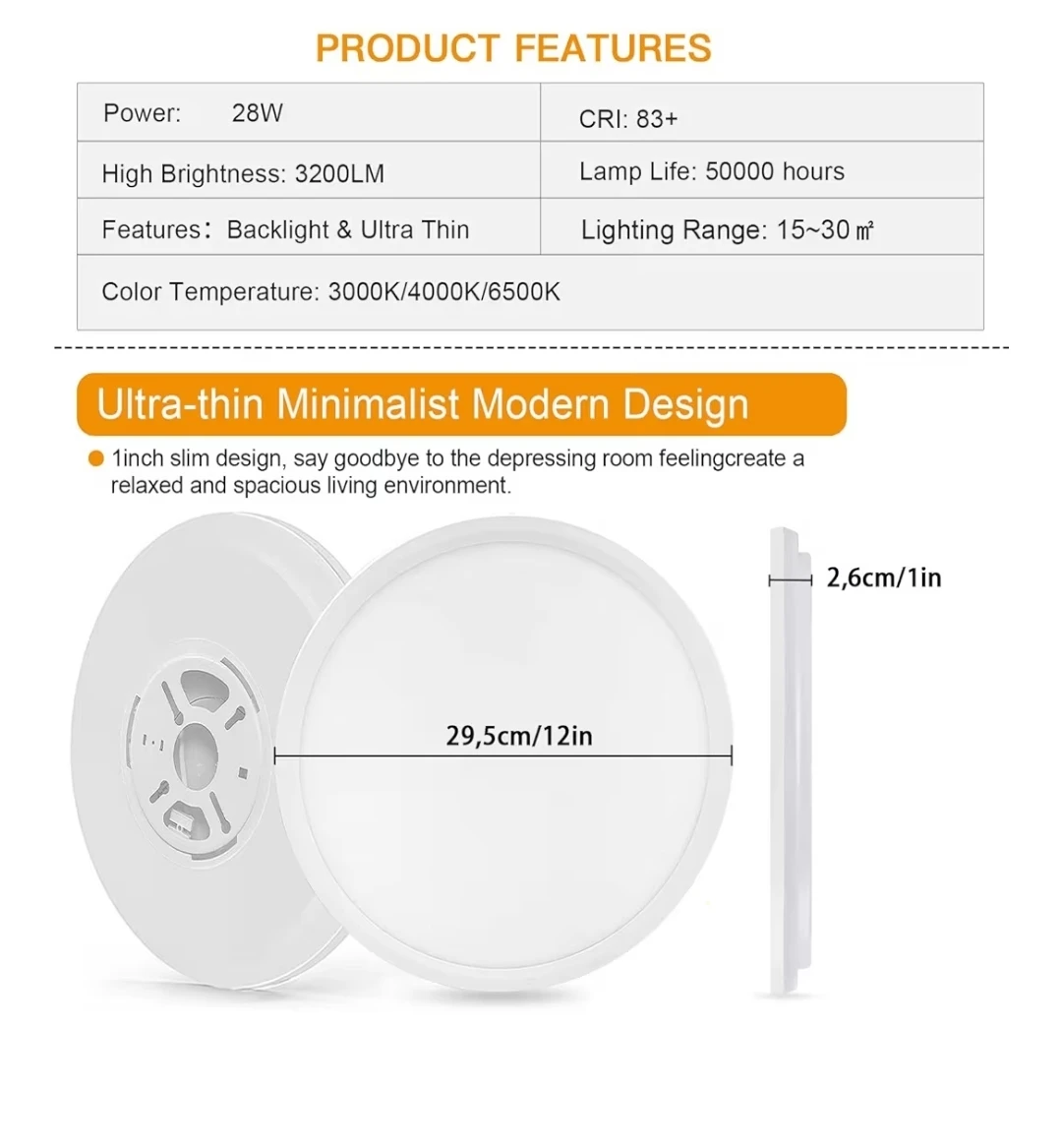 Ultra-thin LED Ceiling Light - Dimmable, 28W 12 inch - photo 2