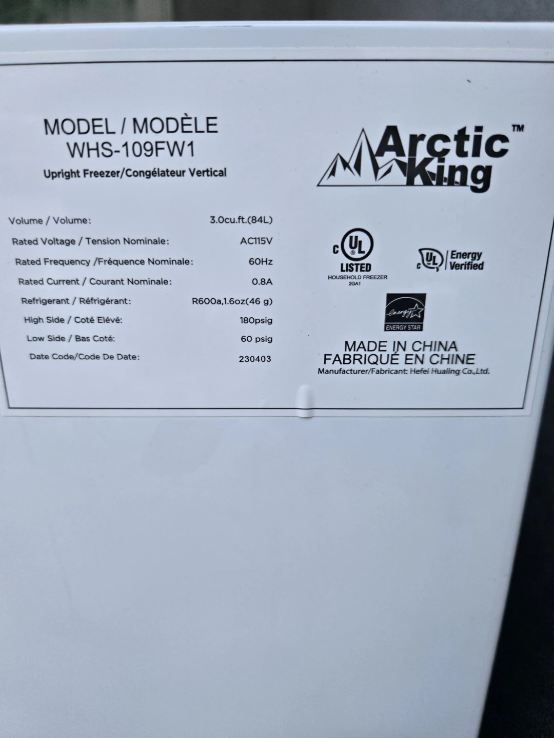 Arctic King WHS-109FW1 Upright Freezer - photo 4