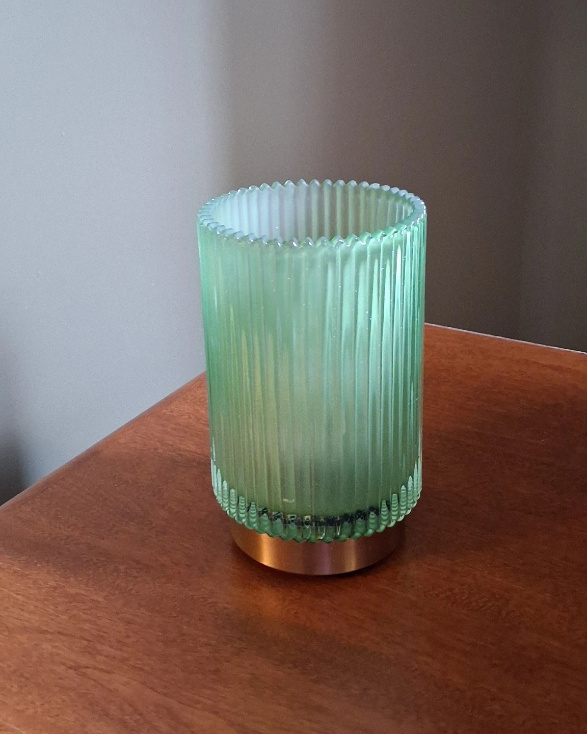 Green Ribbed Glass Table Lamp with Gold Base