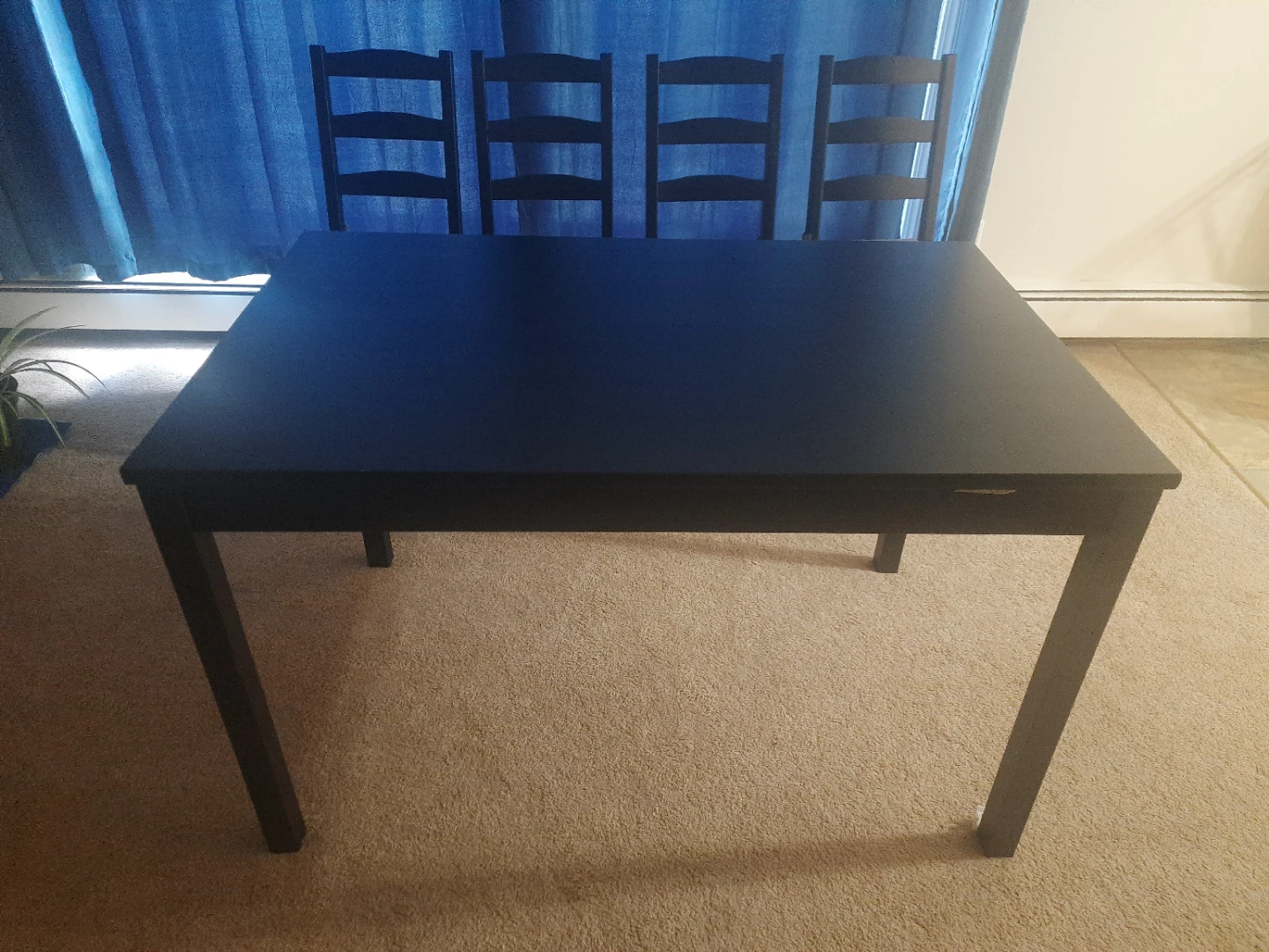 Dining Table + Set of 4 Black Dining Chairs with Tan Cushions