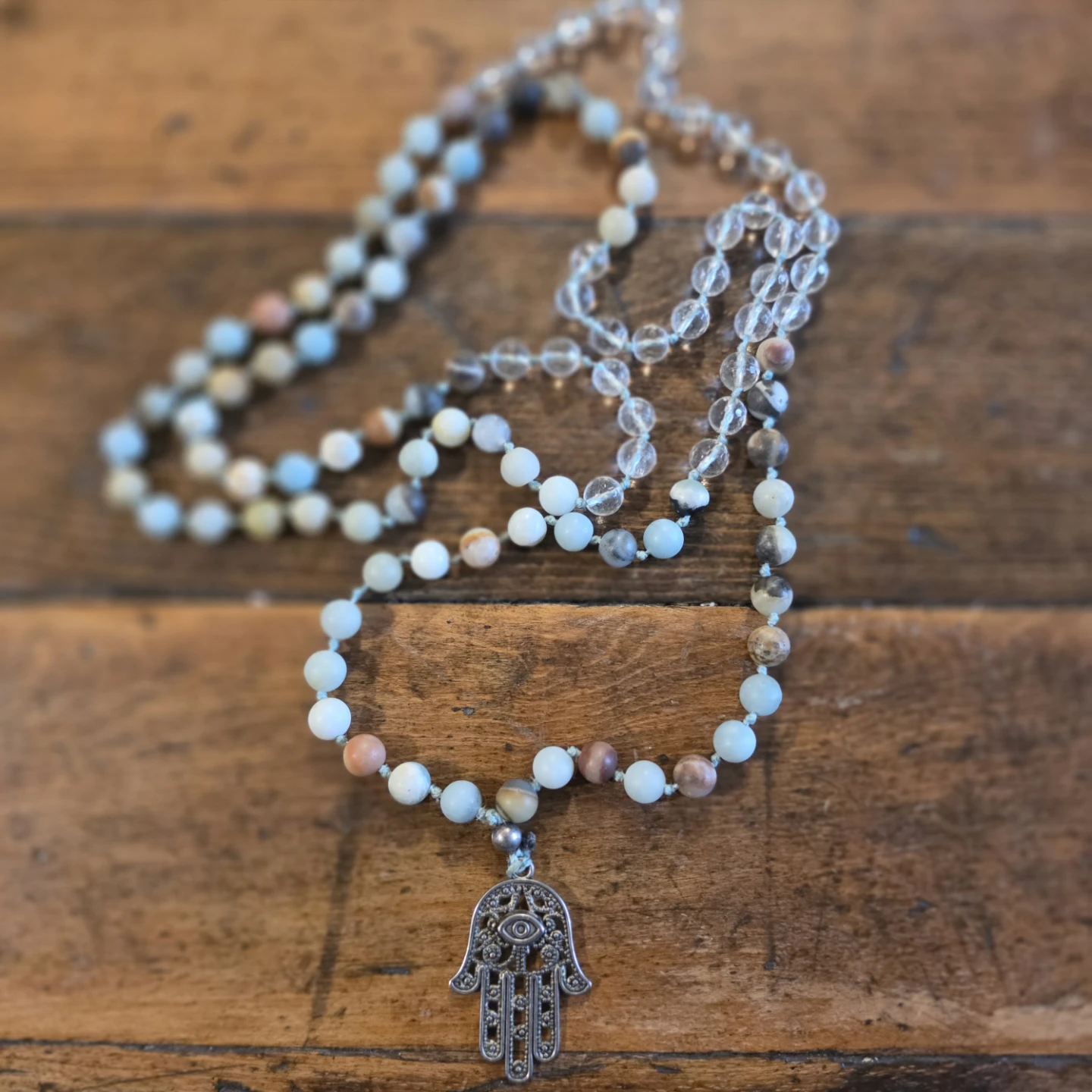 Amazonite & Clear Quartz Hamsa Hand Mala Beads Necklace